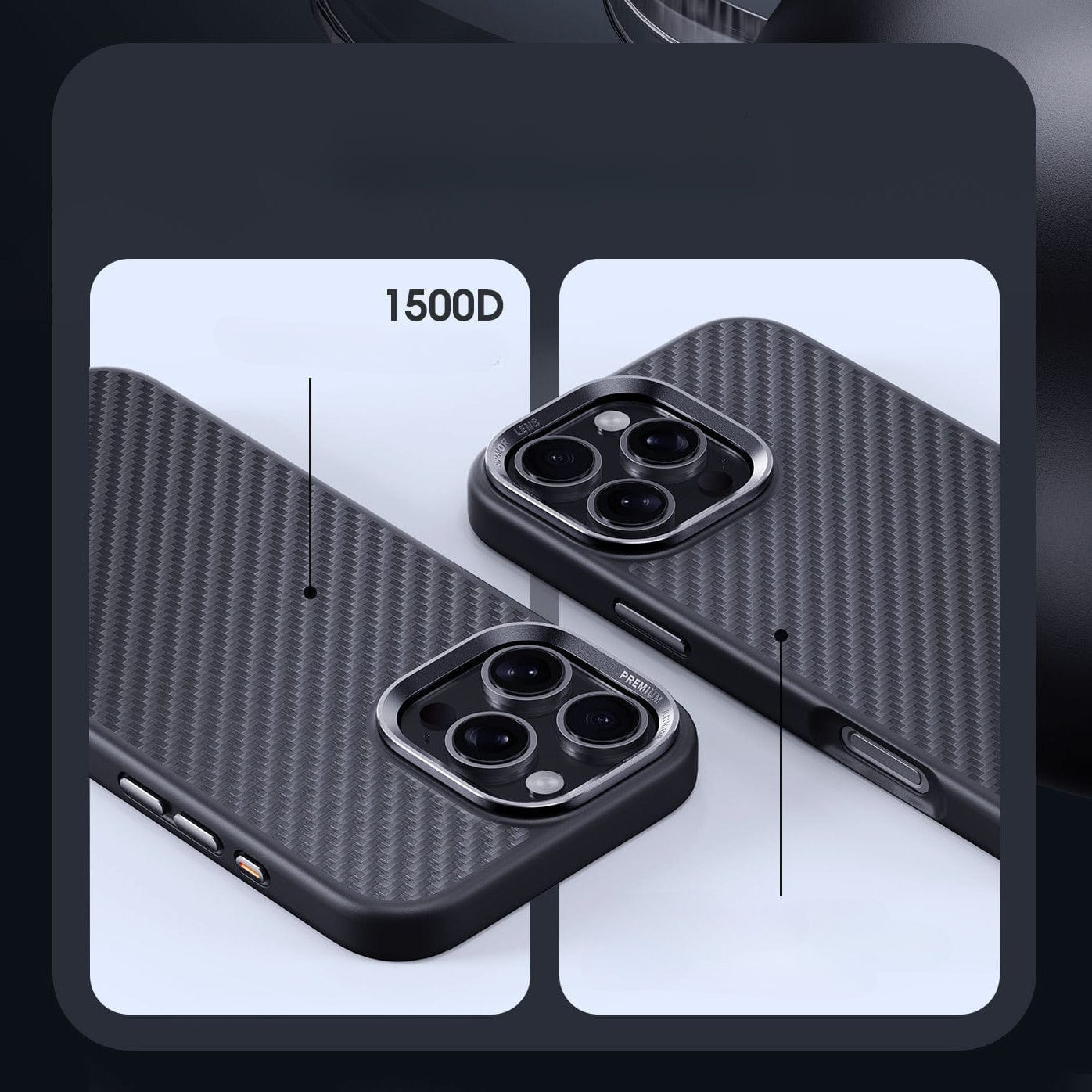 Two smartphones in elegant black cases are showcased from various perspectives, emphasizing the precise camera cutouts and button placements. The "1500D" label denotes the material's density. This iPhone 16 Pro Max Kevlar Fiber Case boasts ultra-slim construction and 38-Magnet MagSafe compatibility, ensuring seamless use and premium camera protection.