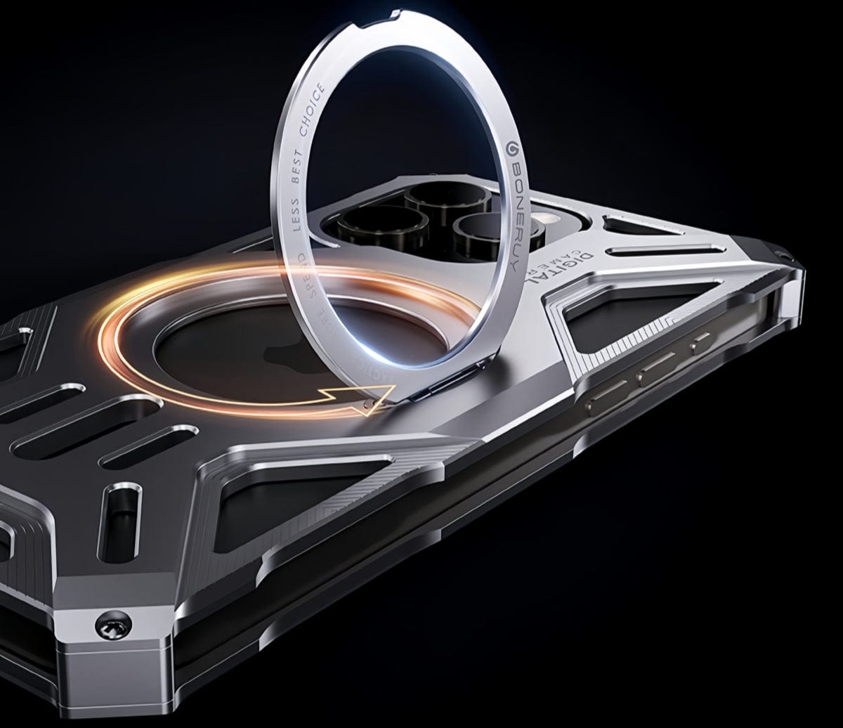 Aerospace aluminum MagSafe iPhone 16 Pro Max case with a metal ring and futuristic design.