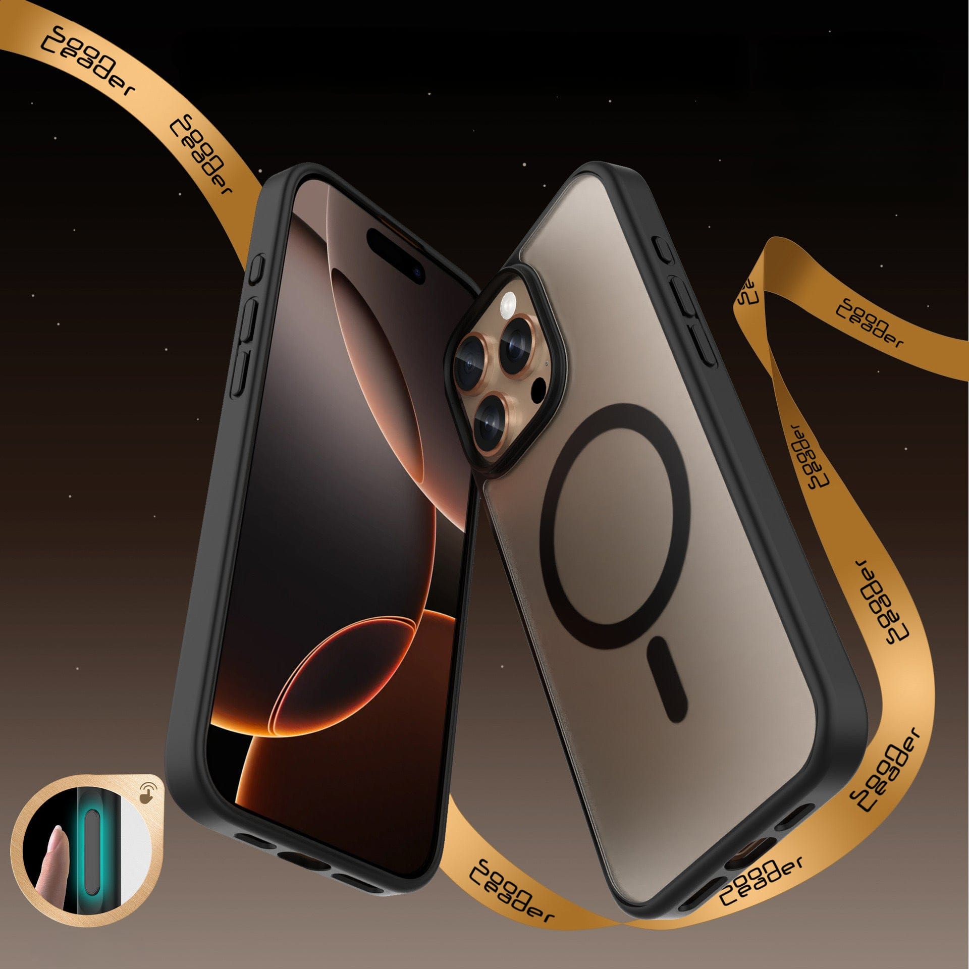 Two sleek iPhone 16 Pro Max smartphones with black cases are showcased, one featuring a dark abstract design. A ribbon with the "ESR" logo indicates their MagSafe compatibility. An inset image shows a phone charging indicator, ideal for those who desire convenience and style without fingerprint smudges.