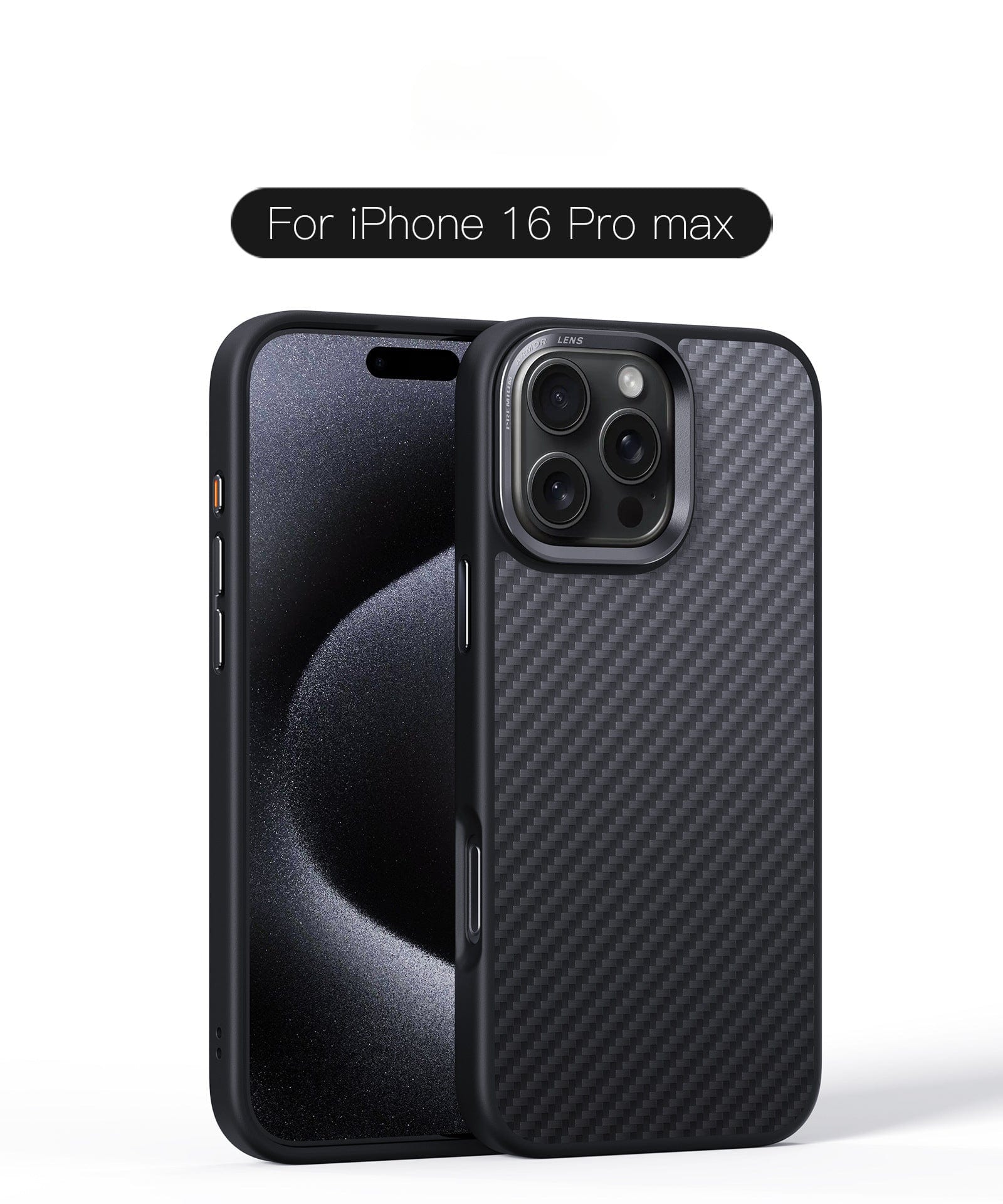 iPhone 16 Pro Max showcased with an ultra-slim, rugged black textured protective case, featuring MagSafe compatibility with 38 magnets and durable Kevlar fiber, showing front and back views.