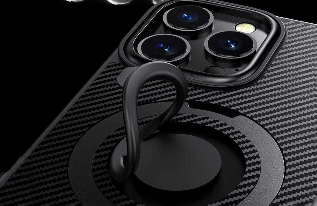 Carbon fiber iPhone 16 Pro Max case with a rotating finger ring stand.
