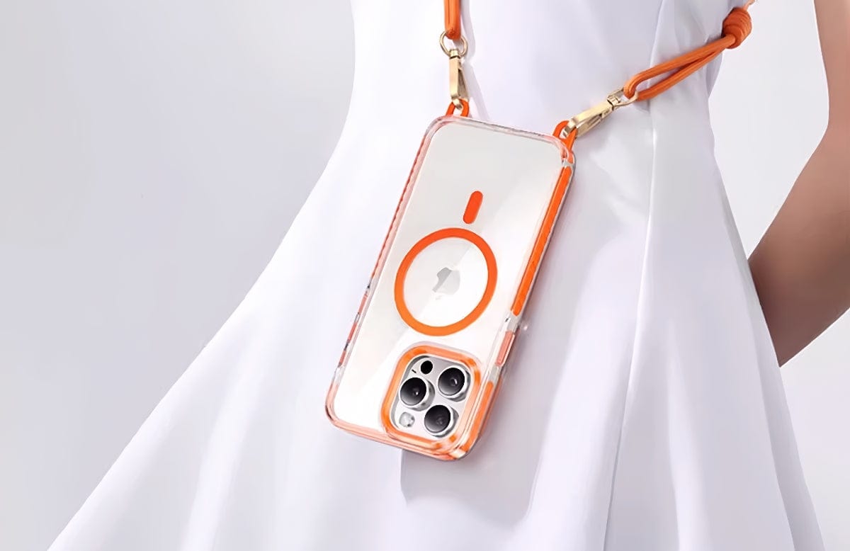 Clear iPhone 16 Pro Max case with orange strap for convenient carrying.