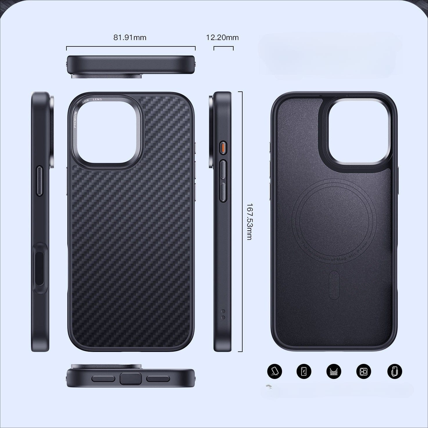 Image showcasing multiple views of the black iPhone 16 Pro Max Kevlar Fiber Case, which precisely measures 81.91mm in width, 12.20mm in thickness, and 161.93mm in height. The image includes side, front, back, and top perspectives of this ultra-slim case that features Kevlar fiber for added durability and full MagSafe compatibility with its 38-magnet design for seamless integration with accessories, along with premium camera protection.