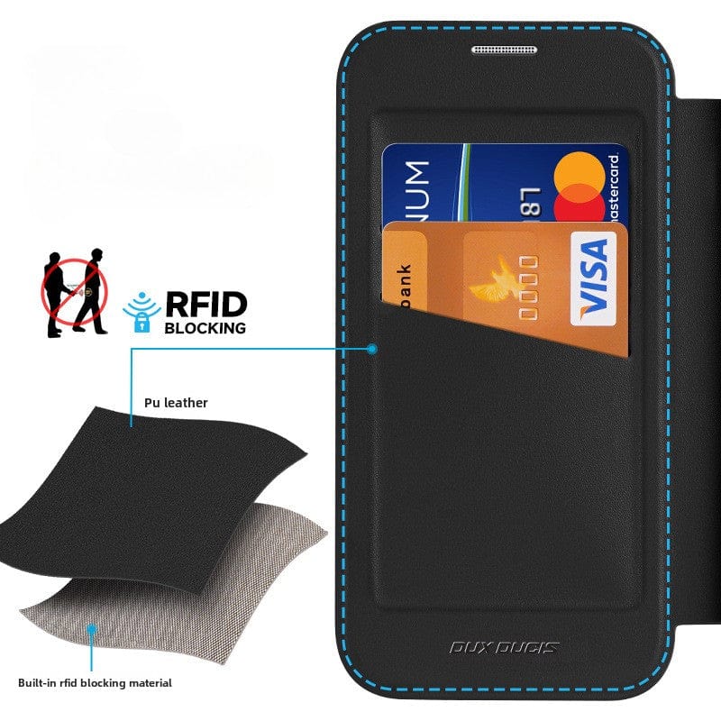 A smartphone in the iPhone 16 Pro Max Wallet Case with RFID Protection and MagSafe - Premium Leather Flip Cover, featuring a lavender hue, with a clear back and an attached cover. Two credit cards are visible in the card slots inside the cover. The case also boasts MagSafe compatibility for effortless charging.