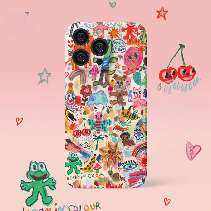 A phone case adorned with various colorful drawings including rainbows, stars, hearts, cherries, and cartoon characters against a light pink background. The phrase "Drawn in Colour" is also visible.