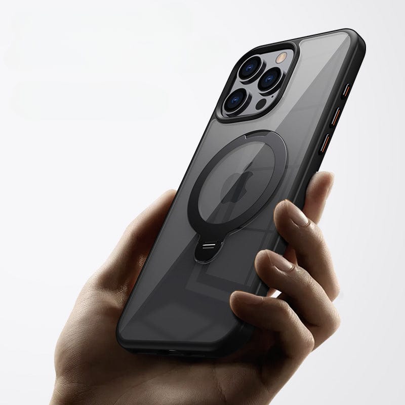 A hand holding a smartphone with an Ultra-Thin iPhone 16 Pro Max Case, featuring a visible Apple logo and a circular design on the back, complete with a 360° rotating ring stand.