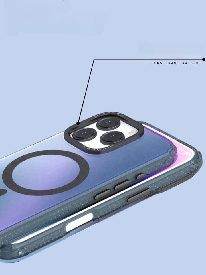 An iPhone 16 Pro Max encased in a translucent purple MagSafe case that features a circular design on the back and raised lens protection, photographed against a solid purple background.