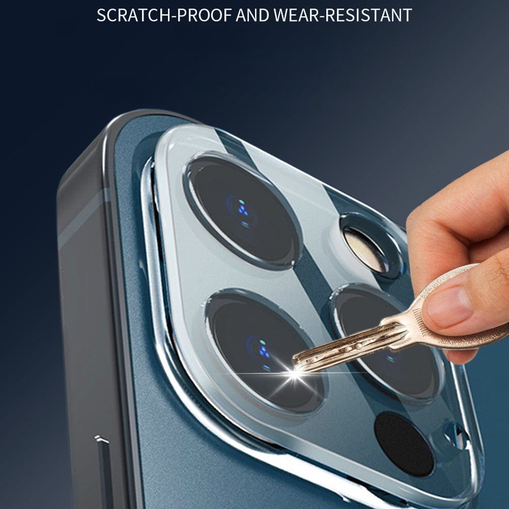 A key is used to scratch the lens area of a smartphone, showcasing the scratch-proof and wear-resistant properties of the iPhone 16 Pro Max Camera Lens Protector with 9H Tempered Glass, Anti-Scratch, Full Coverage.