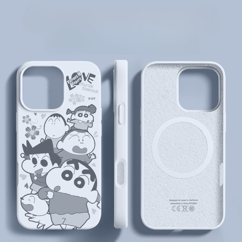 Introducing the iPhone 16 Pro Max Crayon Shinchan Friends Case. This white, liquid silicone case features multiple playful figures of Crayon Shinchan in various poses. The shockproof, anti-fingerprint case offers a soft touch and is displayed from three angles: front, side, and back.