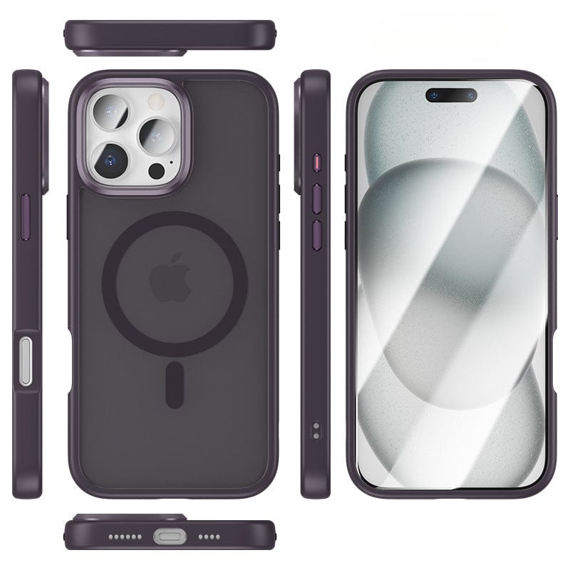 The iPhone 16 Pro Max MagSafe Case by Golden Shield is displayed from the front, back, and sides. The black protective case features a circular design around the Apple logo and an aluminum alloy camera frame. It also offers MagSafe compatibility for seamless charging.