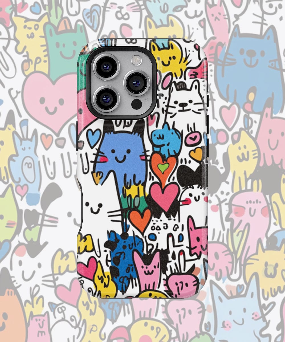 The Cute Colorful Cat iPhone 16 Pro Max Case showcases a delightful illustration of various cartoon cats and hearts in a range of colors and sizes. With dual-layer protection combining shockproof PC and silicone materials, your device remains secure while the MagSafe compatibility ensures convenient charging.