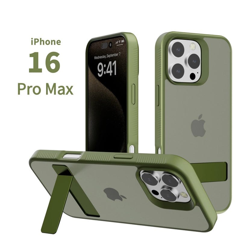 A showcase of an iPhone 16 Pro Max in a green iPhone 16 Pro Max Case with Foldable Kickstand, featuring a soft-touch finish and slim TPU protective cover. The phone screen displays the date September 7, 9:41 AM. This sleek case not only provides protection but also enhances style and functionality.