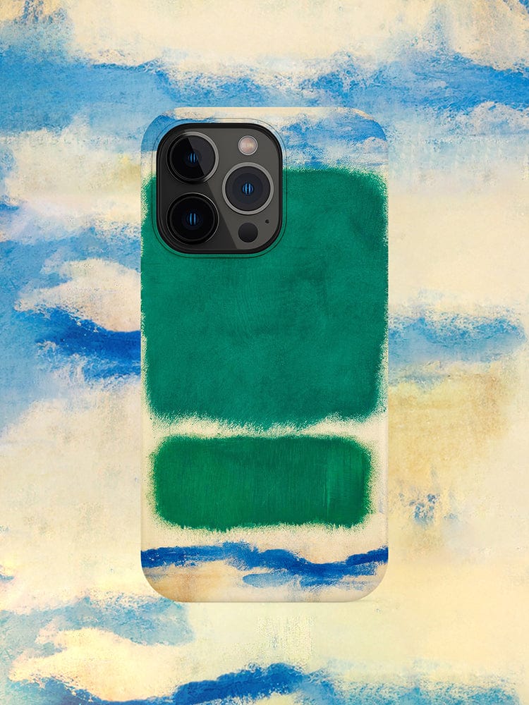 A smartphone with an "Abstract Color Block iPhone 16 Pro Max Case - Modern Art-Inspired, Minimalist Design with Full Protection" featuring an abstract design of two green rectangles, the larger one at the top and the smaller one below it. The background consists of blue and beige brush strokes, resembling a cloudy sky.