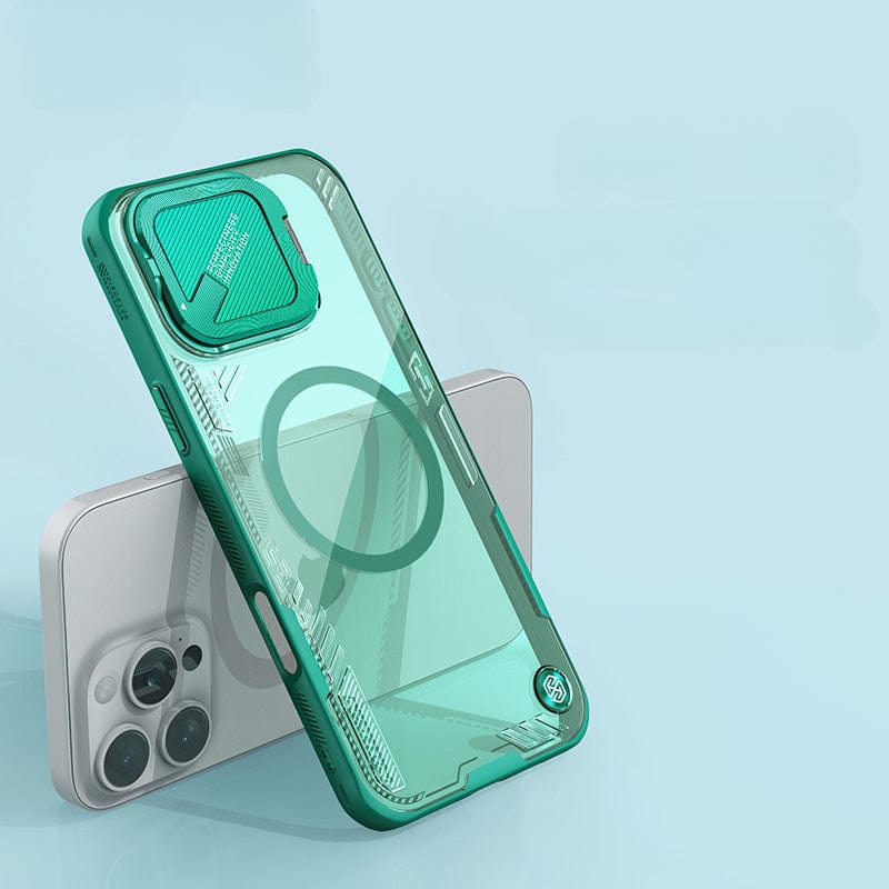 The MagSafe Compatible iPhone 16 Pro Max Case with Camera Cover — an eco-friendly design crafted from shockproof TPU, bio-based PC, and aluminum, featuring a green translucent back and built-in camera cover — is shown propped up against a silver smartphone equipped with a triple lens rear camera setup.