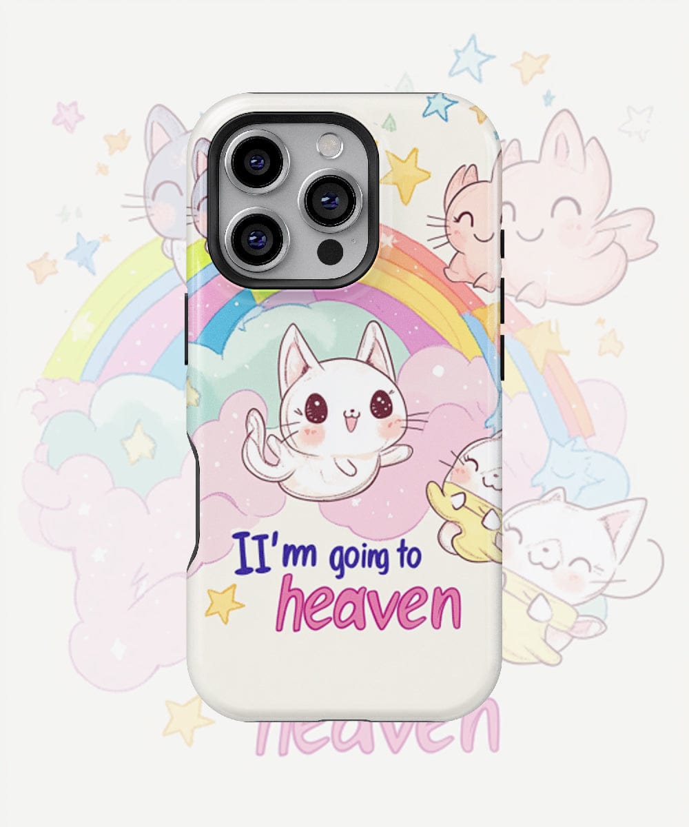 A kawaii cat case for the iPhone 16 Pro Max featuring illustrations of cute cats, a rainbow, and clouds. The text on the case reads "I'm going to heaven." This shockproof, slim-fit PC + silicone cover offers dual-layer protection for added durability and is MagSafe compatible. The product name is Kawaii Cat "Going to Heaven" iPhone 16 Pro Max Case.