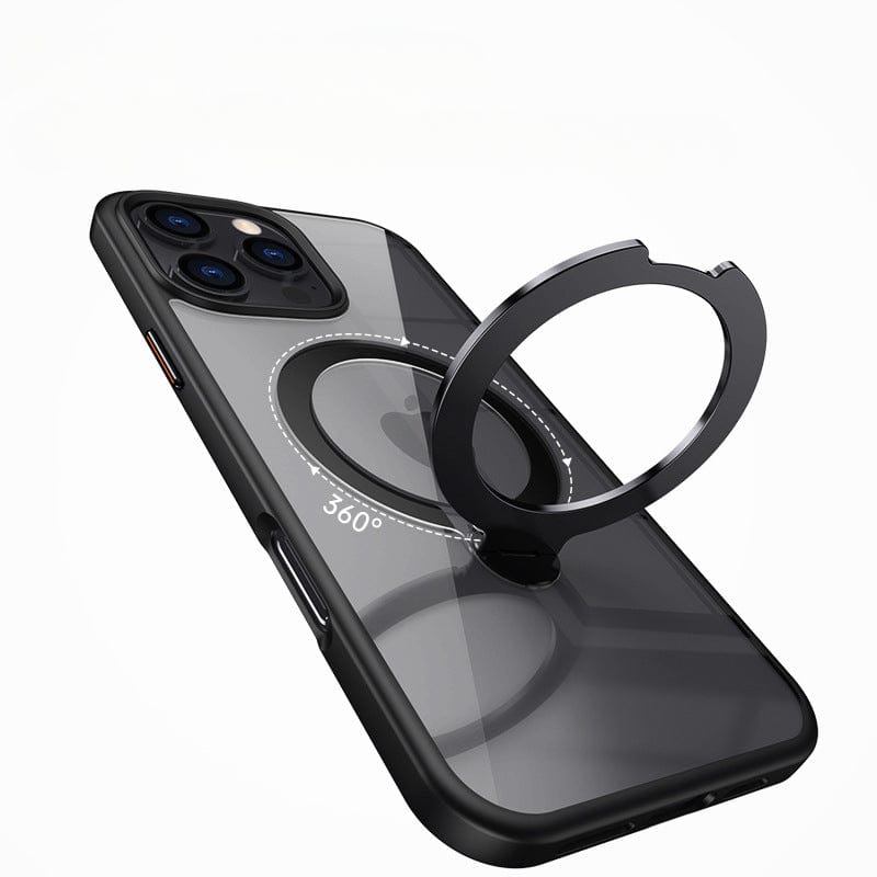 An Ultra-Thin iPhone 16 Pro Max case with a 360° rotating ring stand, featuring a shockproof silicone shell and MagSafe compatibility for enhanced grip and stand functionality, is displayed against a white background.