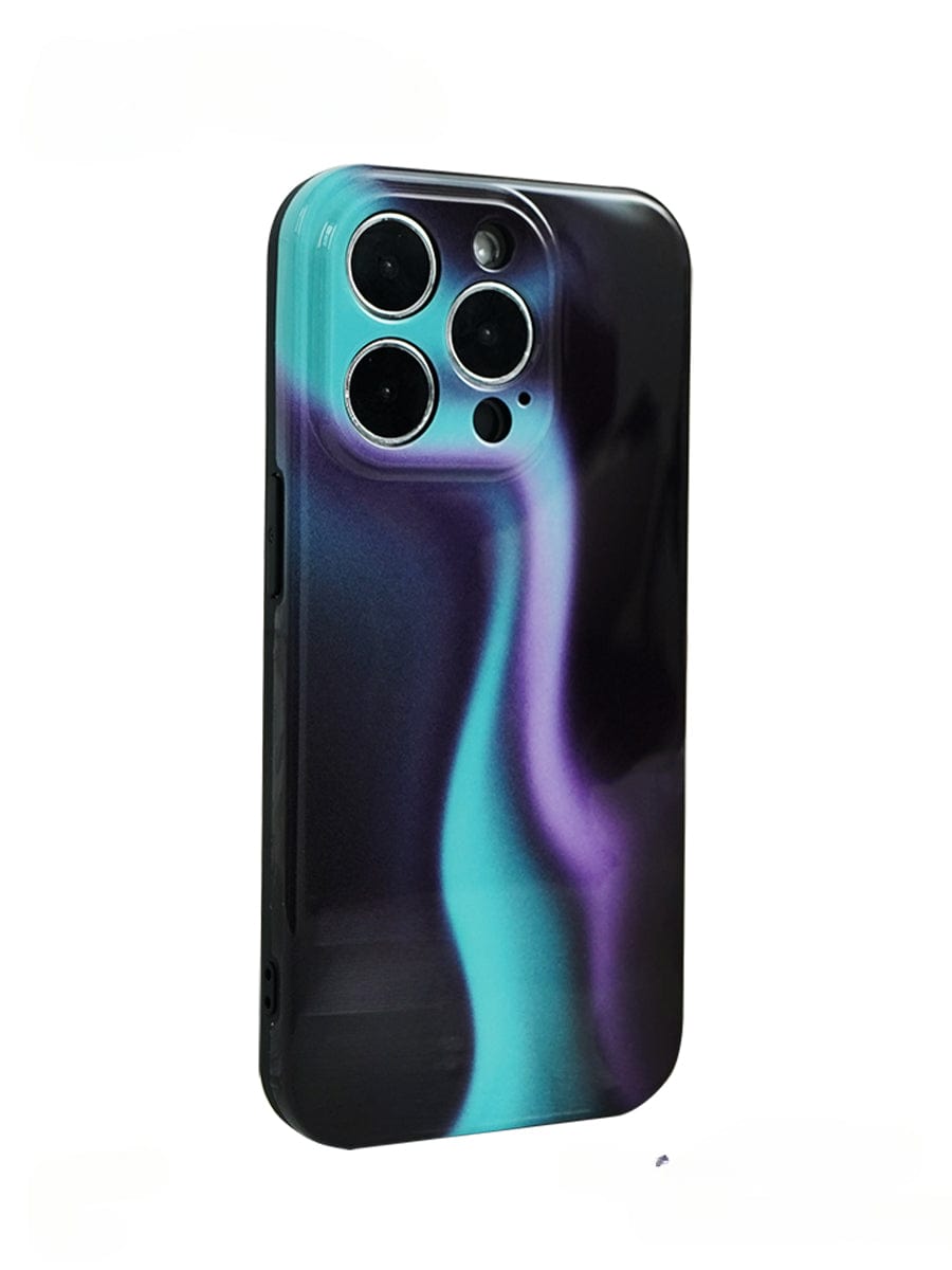 The Northern Lights iPhone 16 Pro Max Case features a sleek, all-inclusive protective cover with an aurora gradient design of blue, purple, and black swirls. This case has cutouts for the camera lenses, flash, and other sensors on the back while allowing the phone's body to be partially visible along the edges.