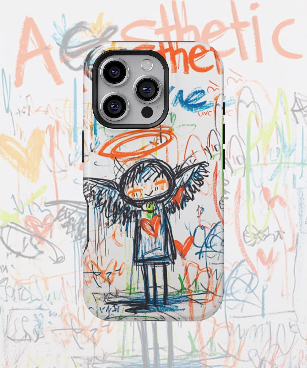 The Aesthetic Graffiti Angel iPhone 16 Pro Max Case, featuring a colorful, hand-drawn design of an angel with wings and a halo, also showcases a heart on its chest and abstract graffiti elements in the background. This slim fit case offers dual-layer protection with its shockproof PC + silicone cover and is MagSafe compatible.