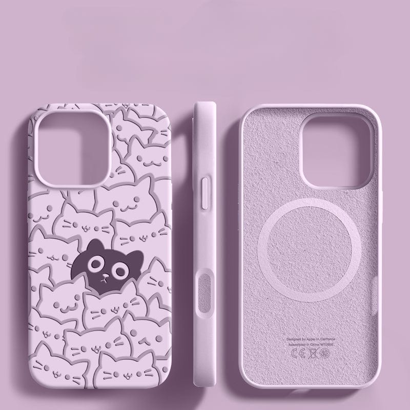 Introducing the iPhone 16 Pro Max Cute Cat Pattern Case, a purple liquid silicone case featuring a raised design with multiple white cats and one black cat. This shockproof, anti-dust, washable cover includes a MagSafe ring inside and CE certification marks for added protection. The case is displayed from both front and back views.