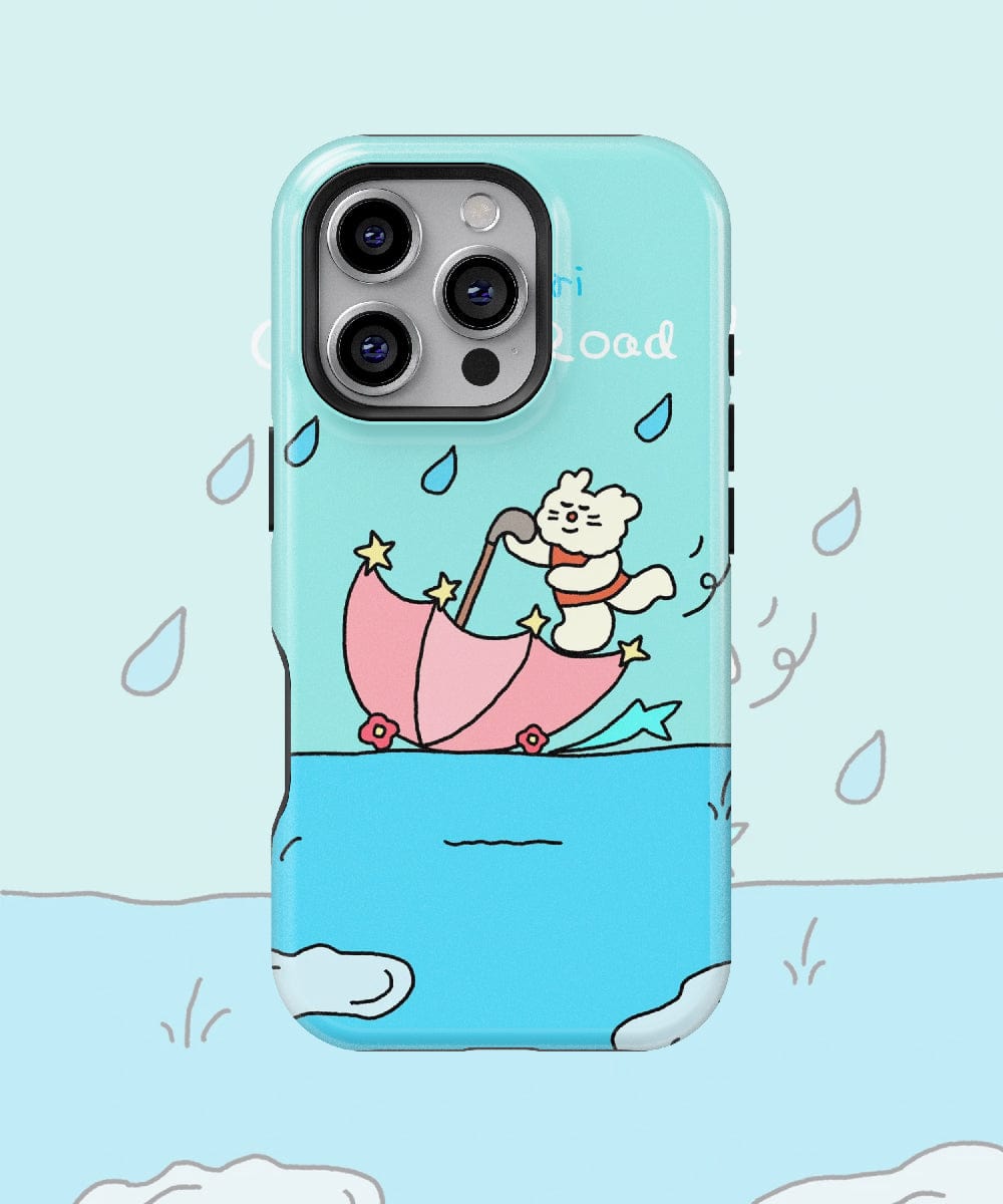 The Cute Bear with Umbrella iPhone 16 Pro Max Case features an adorable illustration of a cartoon bear rowing a star-decorated umbrella in a body of water with falling raindrops. This MagSafe compatible case offers shockproof protection, combining charm and durability for your smartphone in a slim fit PC + silicone design.