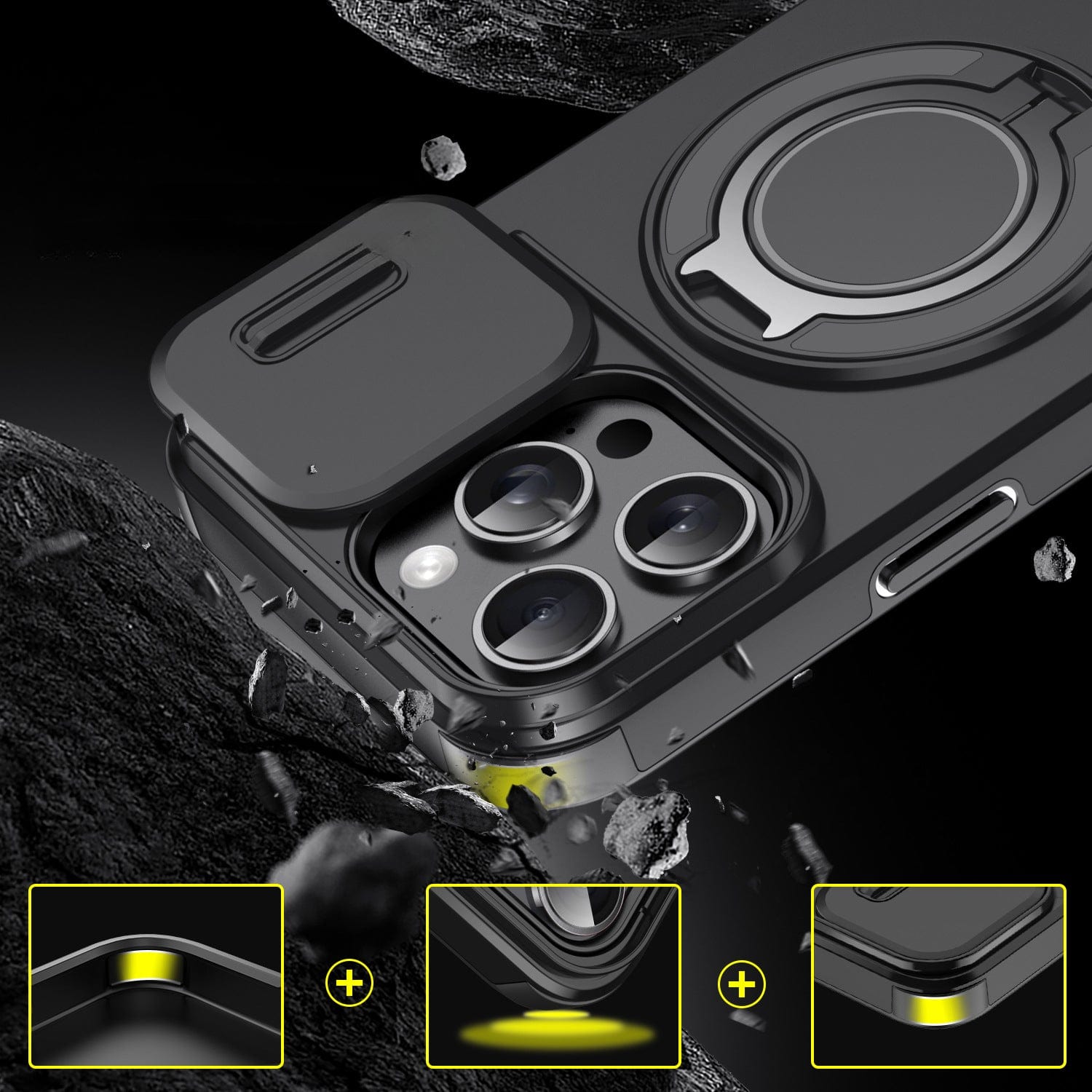 Close-up of the iPhone 16 Pro Max Case, featuring reinforced corners, a sliding camera cover, and a circular MagSafe compatible mount on the back. The rugged design is set against a textured rocky background. Inserts highlight additional features like shockproof airbag protection and an invisible stand.