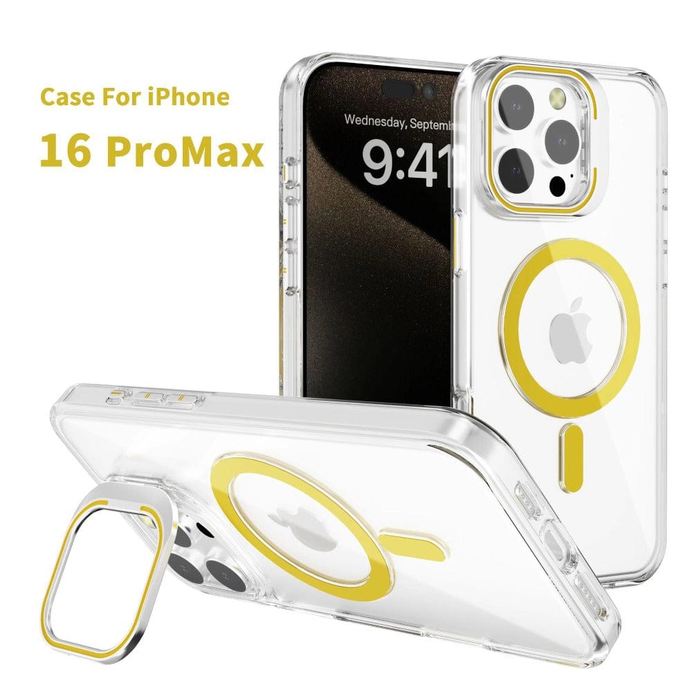 Clear iPhone 16 Pro Max case with purple accents, MagSafe compatibility, and a built-in kickstand, displayed from multiple angles.