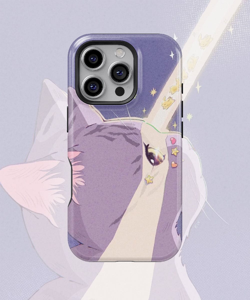 Introducing the Dreamy Cat with Starbeam iPhone 16 Pro Max Case – a light purple marvel featuring an enchanting Cosmic Cat design. This whimsical illustration showcases a cat shooting laser beams from its eyes in dreamy, pastel colors. MagSafe-compatible, this cute aesthetic case not only protects your device but also adds a touch of cosmic charm.