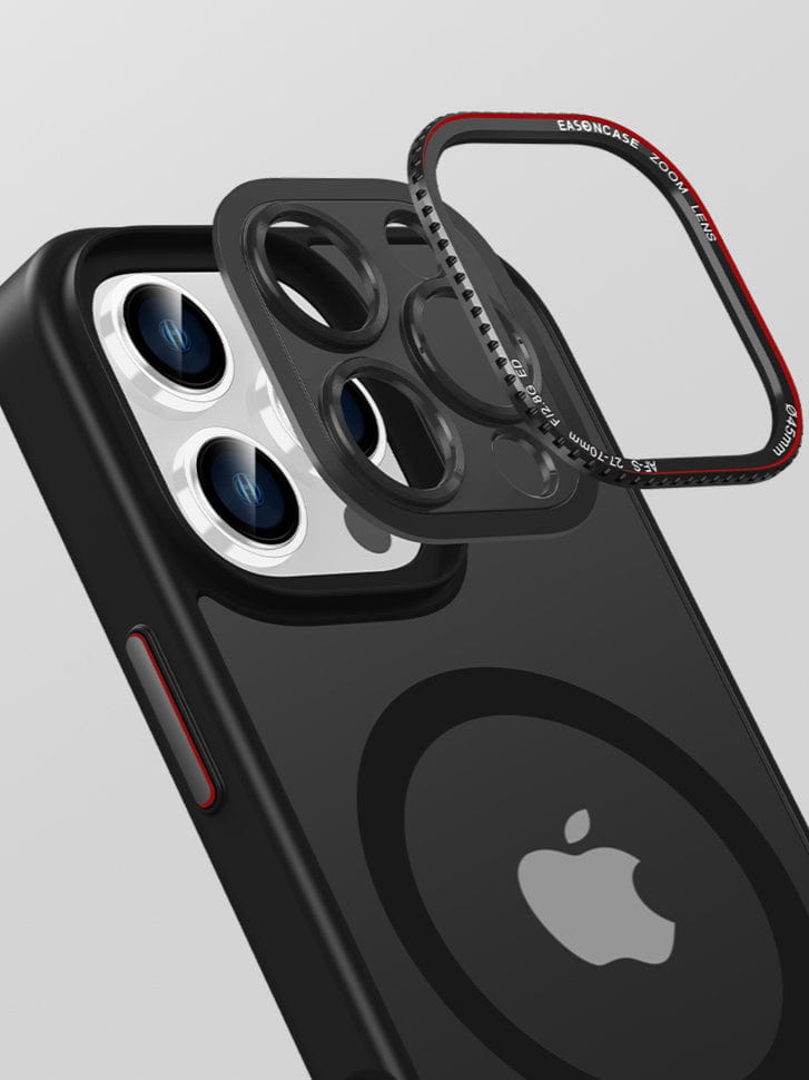 Close-up of a MagSafe Compatible iPhone 16 Pro Max Case - Matte Finish, TPU+PC Material, with a metal camera ring being placed onto the camera area. The black smartphone case features a circular design on the back and has precise cutouts for buttons and lenses.