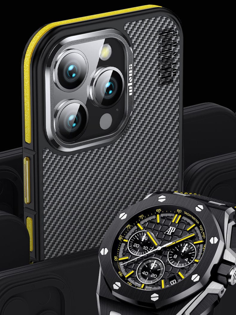 iPhone 16 Pro Max with three camera lenses and a textured back, equipped with an N52 Magnetic MagSafe Case featuring a 600D Aramid Fiber Shockproof Cover for double layered shock absorption, accompanied by a luxury wristwatch with a detailed face and black-yellow color scheme.