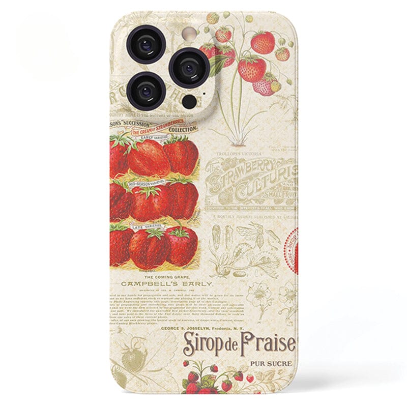 The Vintage Strawberry Print iPhone 16 Pro Max Case - Elegant and Protective showcases charming illustrations of bunches of strawberries, old-fashioned text, and botanical elements. Precisely designed with cutouts for three camera lenses and a flash, it perfectly combines style and functionality for your new device.