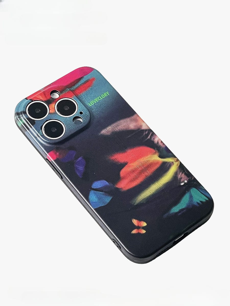 A Vibrant Butterfly Night iPhone 16 Pro Max case with a colorful gradient design and an artistic all-inclusive protective cover, featuring three visible camera lenses.