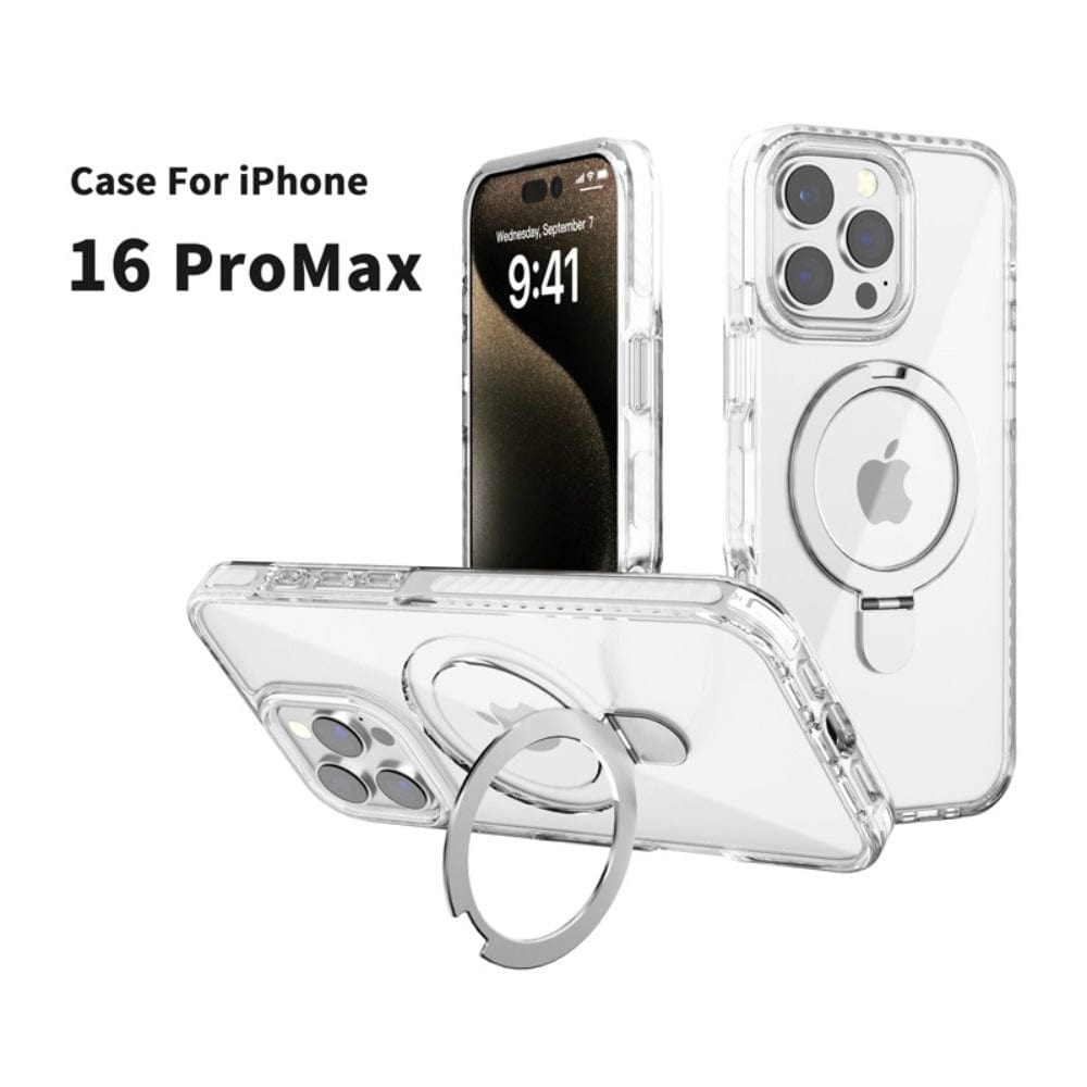 The iPhone 16 Pro Max Clear Case with Ring Holder, MagSafe compatibility, a high-gloss finish, and shockproof protection is showcased from various angles.