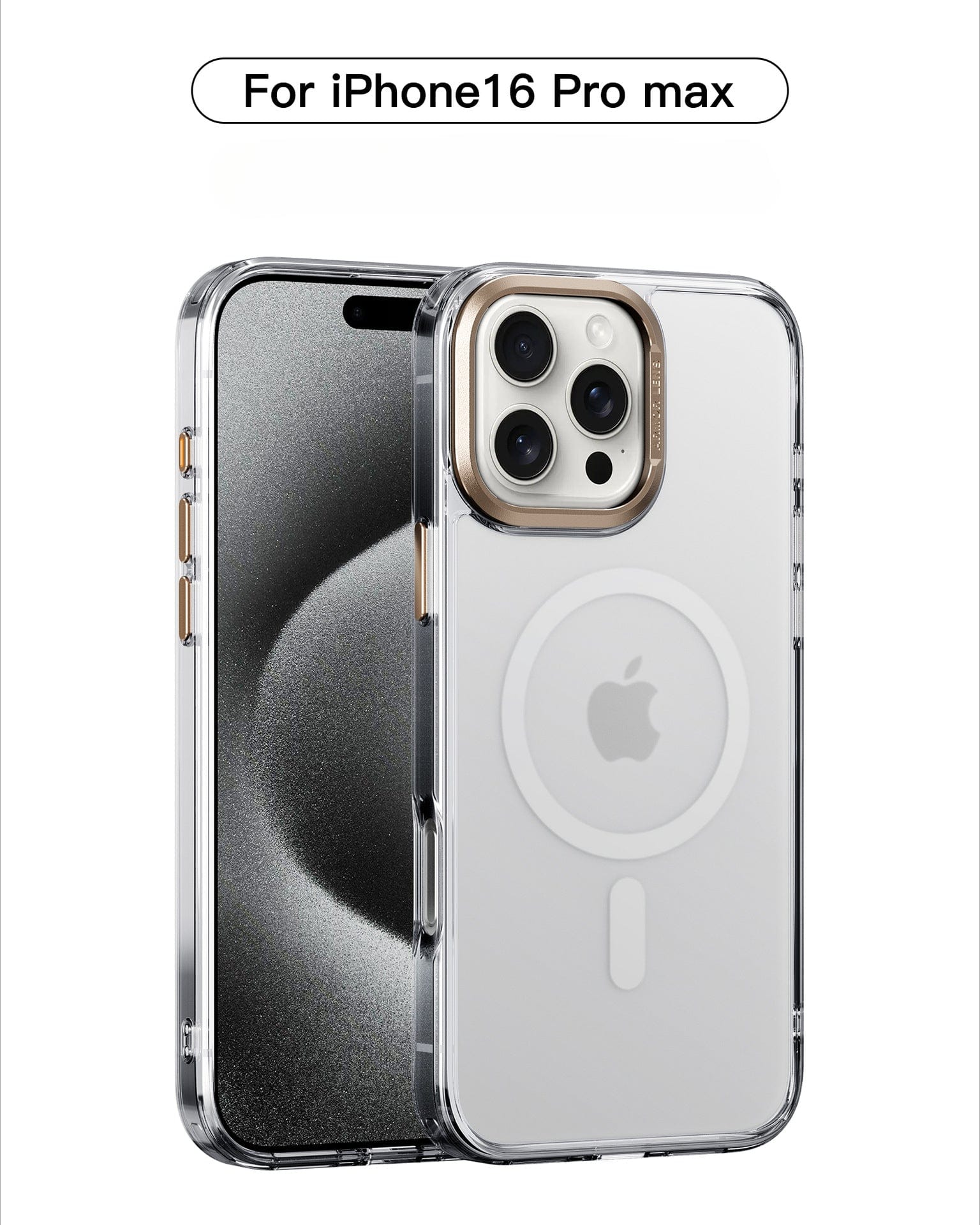 iPhone 16 Pro Max Clear Case with 36 N52 Magnets, featuring raised camera protection, an anti-fingerprint design, and MagSafe compatibility through aluminum alloy buttons.