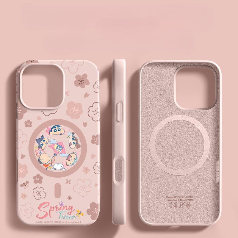 A beige iPhone 16 Pro Max Case - Spring Time Cartoon Silicone Protective Cover with a spring-themed floral pattern and cartoon characters, shown from the front, side, and back. The text "Spring Time" is visible on the front bottom left corner. This case features a triple-layer shockproof design for enhanced durability and an anti-yellowing coating.