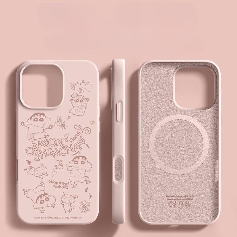 This image showcases three views of the iPhone 16 Pro Max Crayon Shin-chan Case. The front displays character illustrations, the side highlights button cutouts, and the back features a circular MagSafe outline. Designed for durability, this slim fit protective cover offers triple-layer shockproof protection with premium liquid silicone.