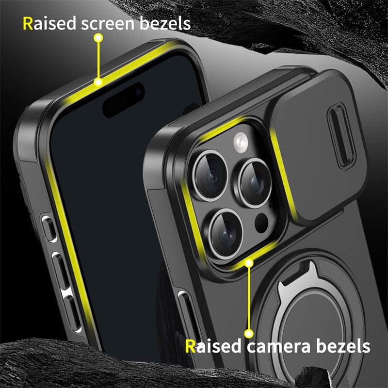 Close-up of the iPhone 16 Pro Max Case - MagSafe Compatible, showcasing its raised screen and camera bezels for added protection. The camera bezel features a sliding cover. The case is black with yellow accents and includes additional benefits like shockproof airbag protection and an invisible stand.