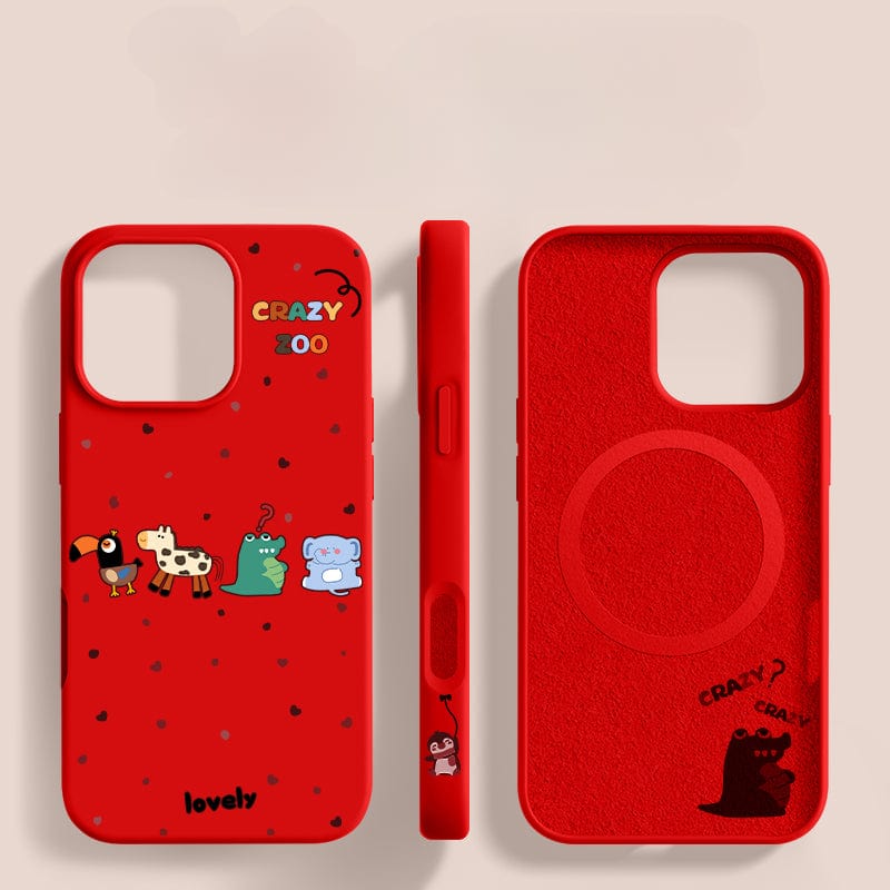 Image of the iPhone 16 Pro Max Crazy Zoo Case, featuring a red liquid silicone design with cartoon animals and the text "CRAZY ZOO" on the back and "lovely" at the bottom. Side and interior views displayed, highlighting its shockproof protection.