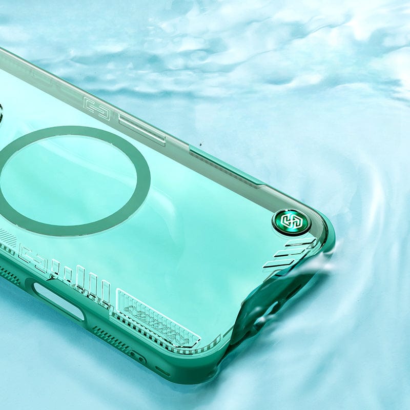 A MagSafe Compatible iPhone 16 Pro Max, encased in a transparent turquoise shell made from eco-friendly shockproof TPU, bio-based PC, and aluminum materials, is partially submerged in water, highlighting its water resistance.