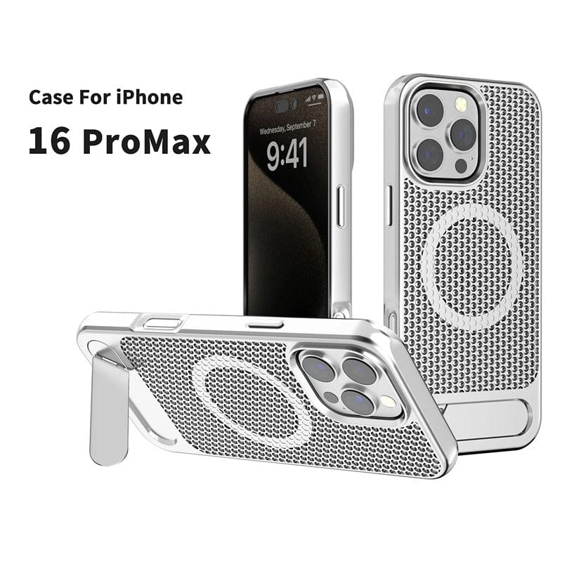 Three views of a sleek iPhone 16 Pro Max Case with Kickstand are shown. This case features a unique honeycomb heat dissipation design and a circular MagSafe-compatible element on the back. Text reads, "iPhone 16 Pro Max Case with Kickstand | Honeycomb Heat Dissipation Design | MagSafe Compatible.