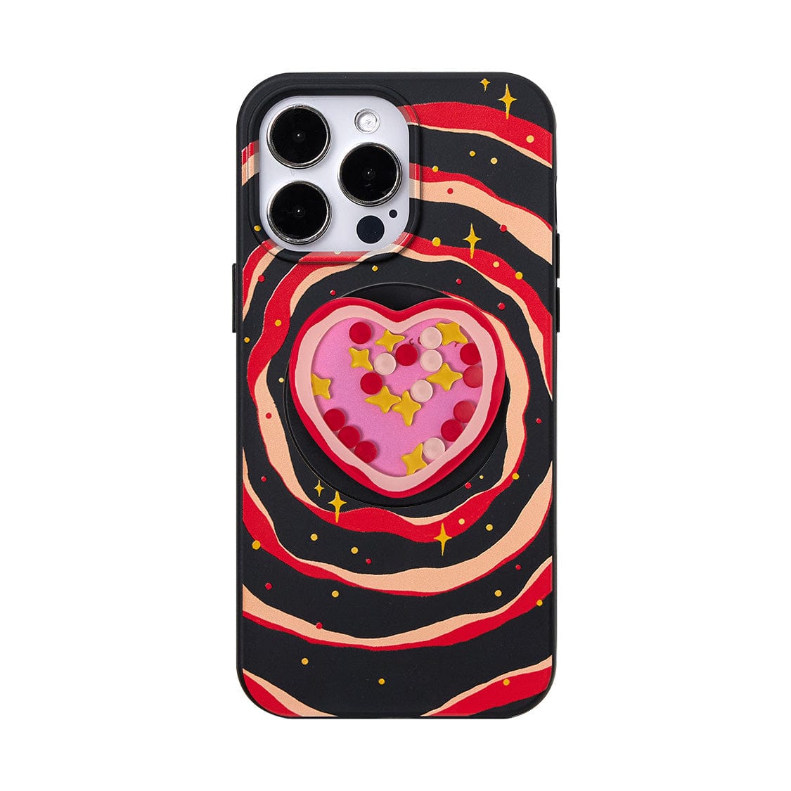 The Galaxy Heart MagSafe iPhone 16 Pro Max Case boasts a vibrant psychedelic swirl design and features a heart-shaped fidget toy at its center. This unique accessory includes small movable balls and star-shaped pieces within its pink sections, making it the perfect complement to your iPhone 16 Pro Max.