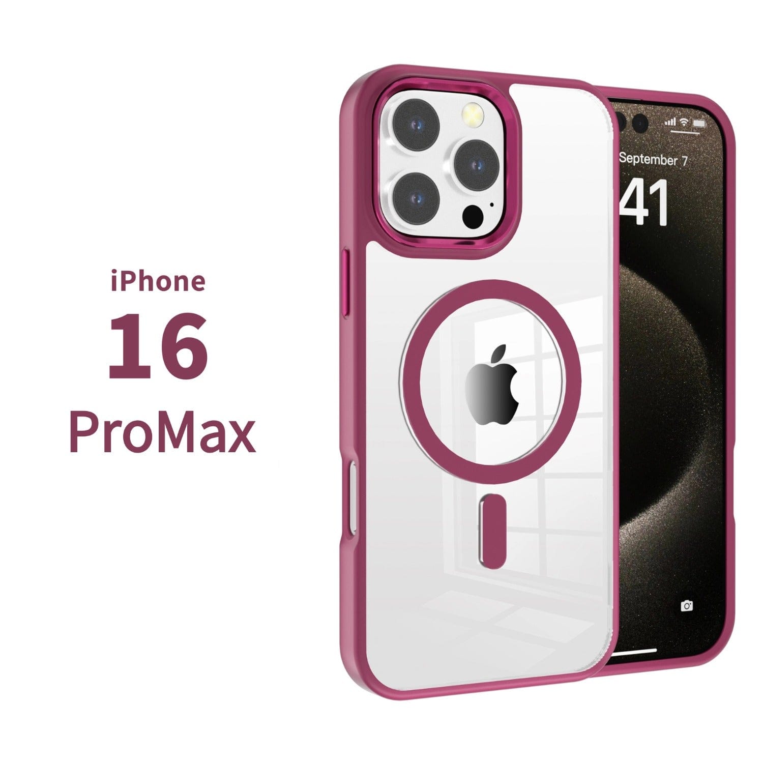 The MagSafe Compatible iPhone 16 Pro Max Case is showcased, highlighting its clear back with a pink TPU bumper and a cutout for the camera. The phone screen displays the date and the time 6:41.