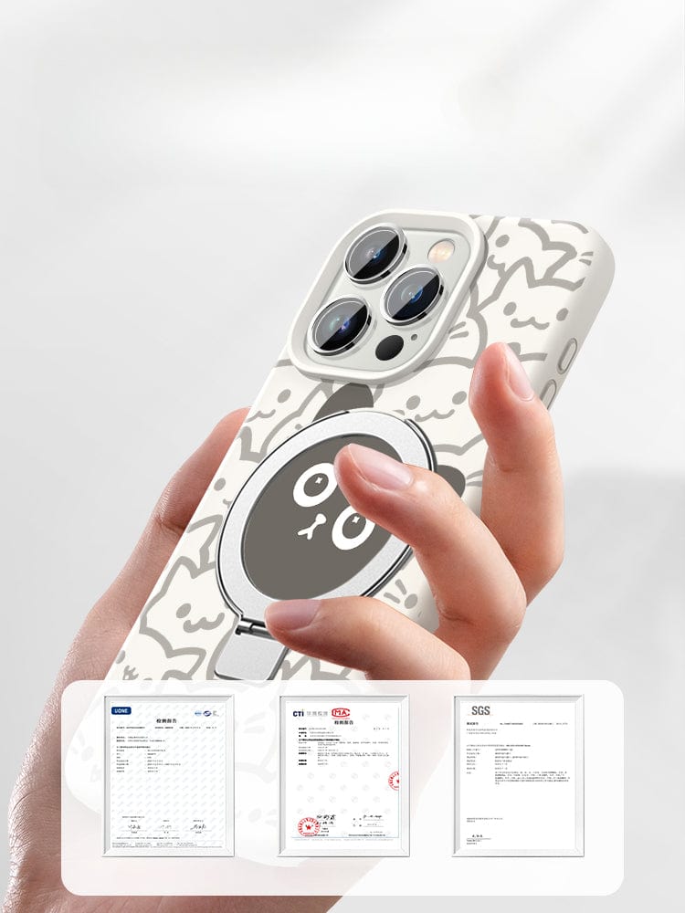 A hand is holding a smartphone with a white liquid silicone iPhone case featuring a cute cat design. Below the phone, there are three certification documents displayed.