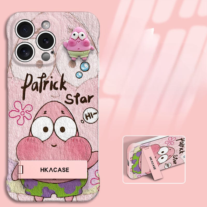 An ultra-thin, frameless iPhone 16 Pro Max case in pink and yellow, featuring a cartoon starfish character with "Patrick Star" text and a small 3D model of the character. The case includes a pink kickstand labeled "HKCASE.