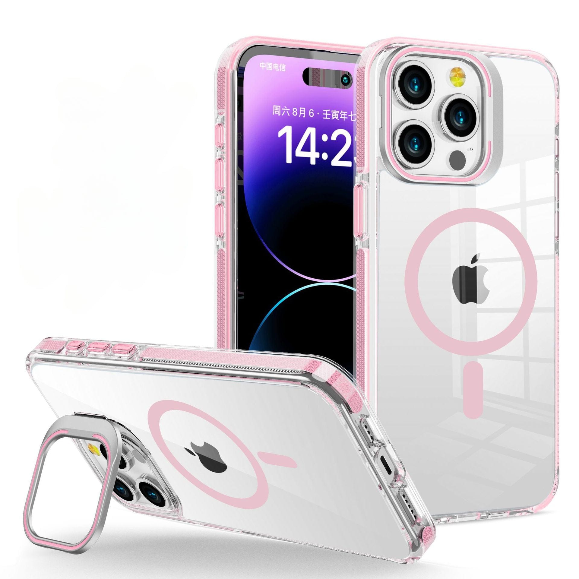 The iPhone 16 Pro Max Case - Clear Acrylic MagSafe Compatible with Metal Camera Frame and Invisible Kickstand features pink accents. One case is displayed resting on its side, while another shows the front and back of the device, highlighting the integrated MagSafe ring and rear camera lens protector.