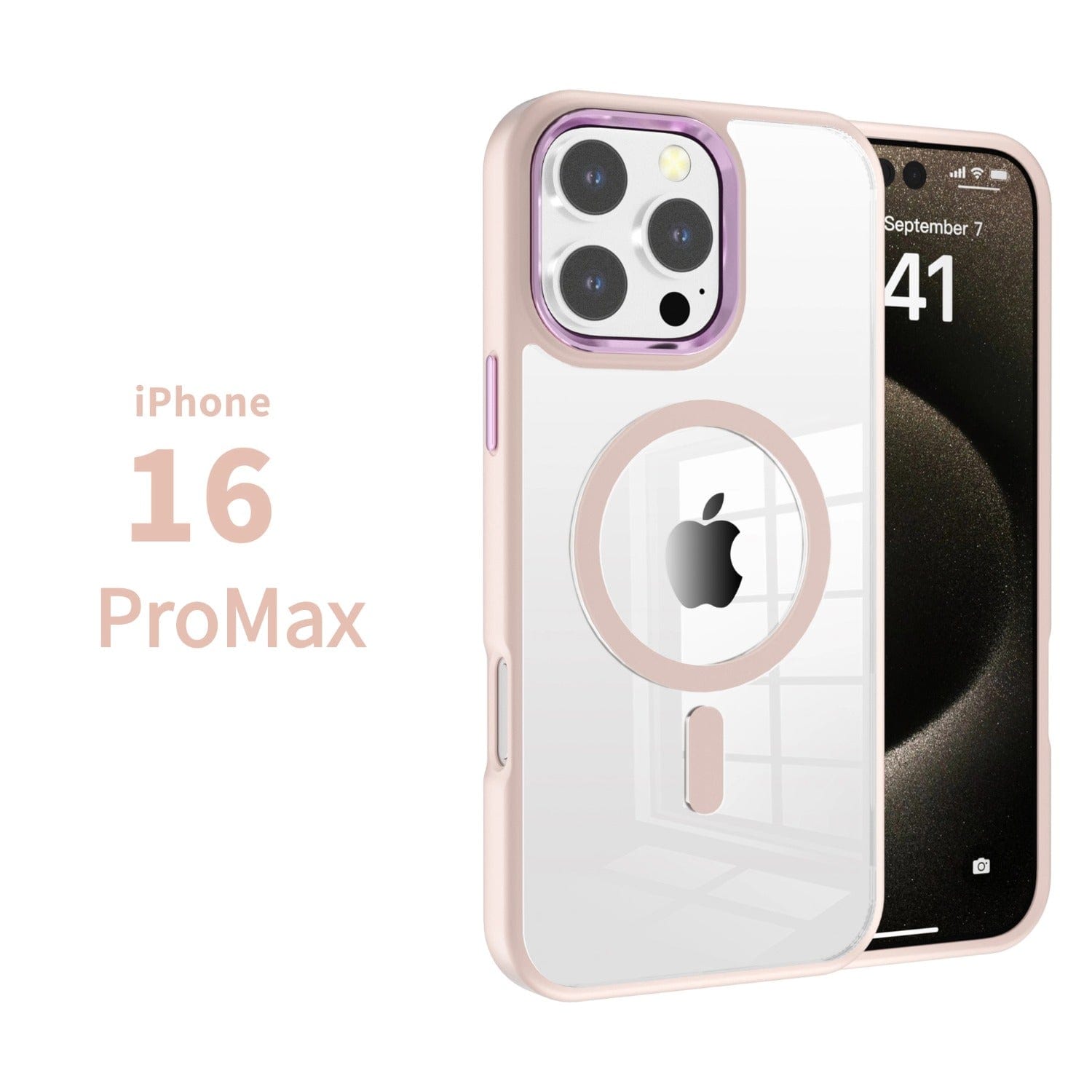 The MagSafe Compatible iPhone 16 Pro Max Case features a clear back with a TPU bumper, prominently displaying the MagSafe logo on the rear.