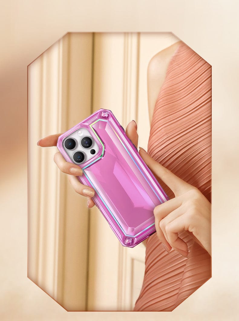 A person in a peach-colored outfit holds a smartphone with the iPhone 16 Pro Max Case - a shiny pink cover featuring 360° shockproof protection and a 3D gem design, against a beige background.