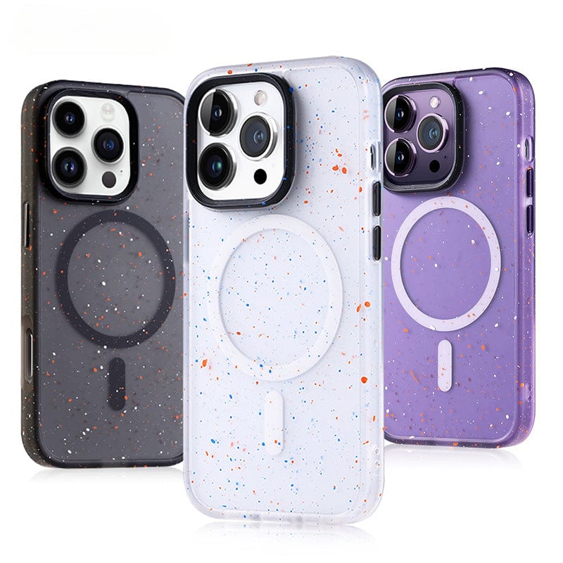 Three Speckled MagSafe iPhone 16 Pro Max cases in protective matte-finish designs are displayed upright. These speckled beauties come in black, white, and purple, each featuring a circular magnetic ring on the back.