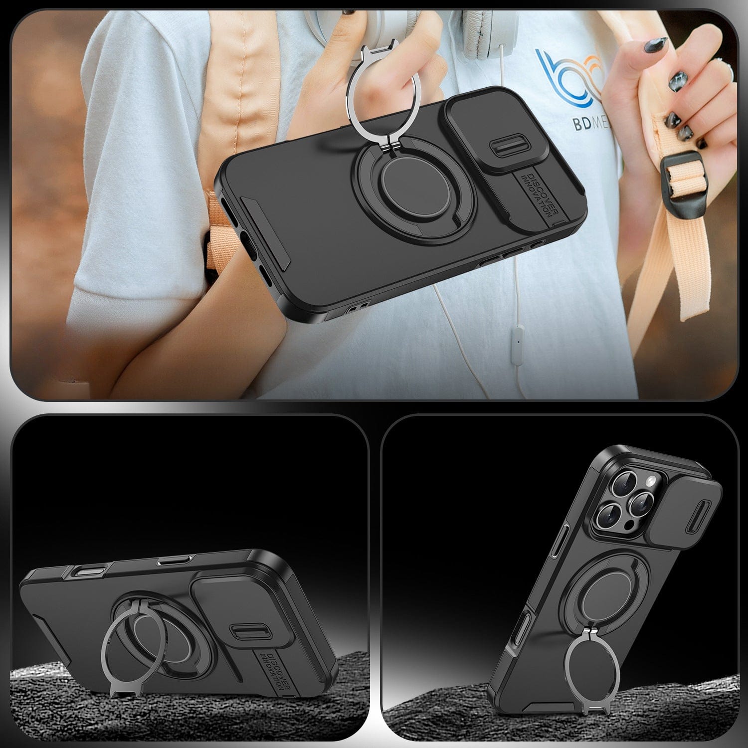 Displayed is a black iPhone 16 Pro Max case, featuring an invisible stand, shown in use and from multiple angles. The stand is attached to the back of the MagSafe compatible case for easy grip and functionality.