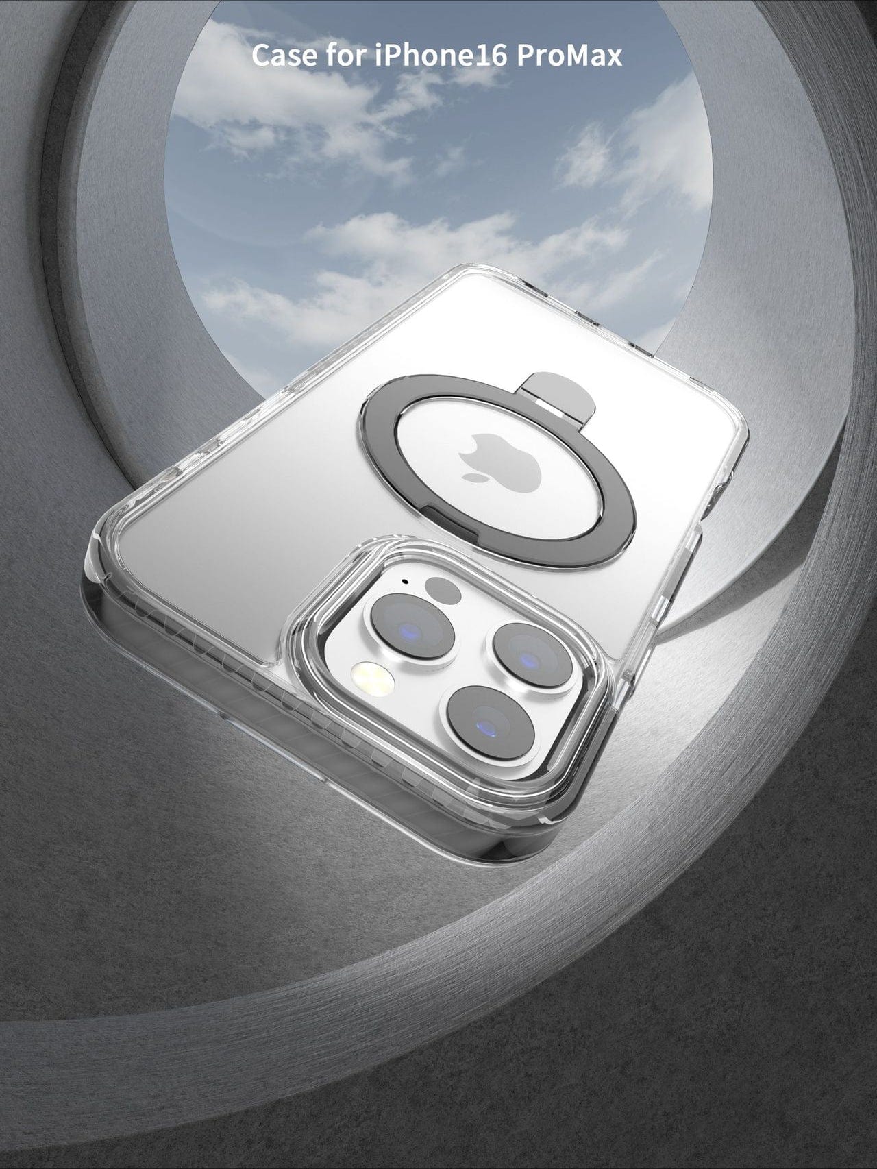 An iPhone 16 Pro Max Clear Case with Ring Holder, MagSafe Compatible and featuring a high-gloss finish, is displayed against a cloudy sky background.