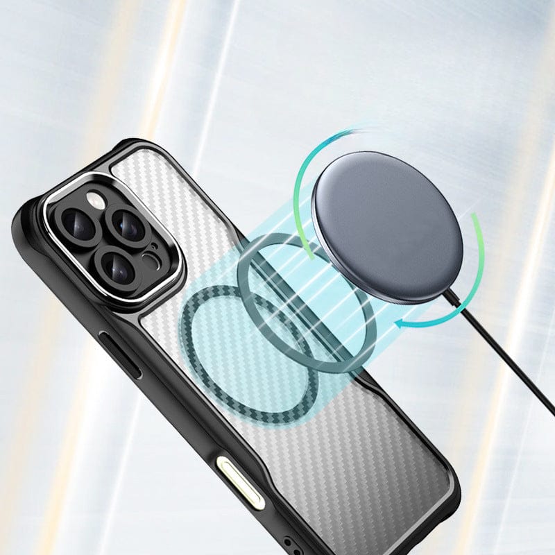 A smartphone with a semi-transparent carbon fiber and PC Material case for the iPhone 16 Pro Max featuring shockproof airbag corners and a matte finish is shown with a wireless charging disk near its back, highlighting its MagSafe-compatible wireless charging functionality.